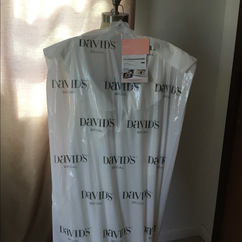 David’s Bridal white sheath wedding gown
